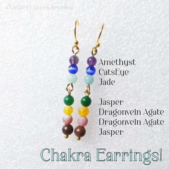 7 Chakra Earrings! Dainty + Slim Dangle Earrings with Semi Precious Stones - Picture 2 of 11